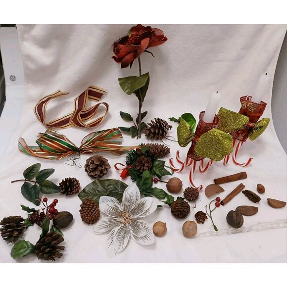 VNTG Christmas Decor Accessories Rose Pine cones Ribbons Candycane Candles Nuts - Picture 1 of 16